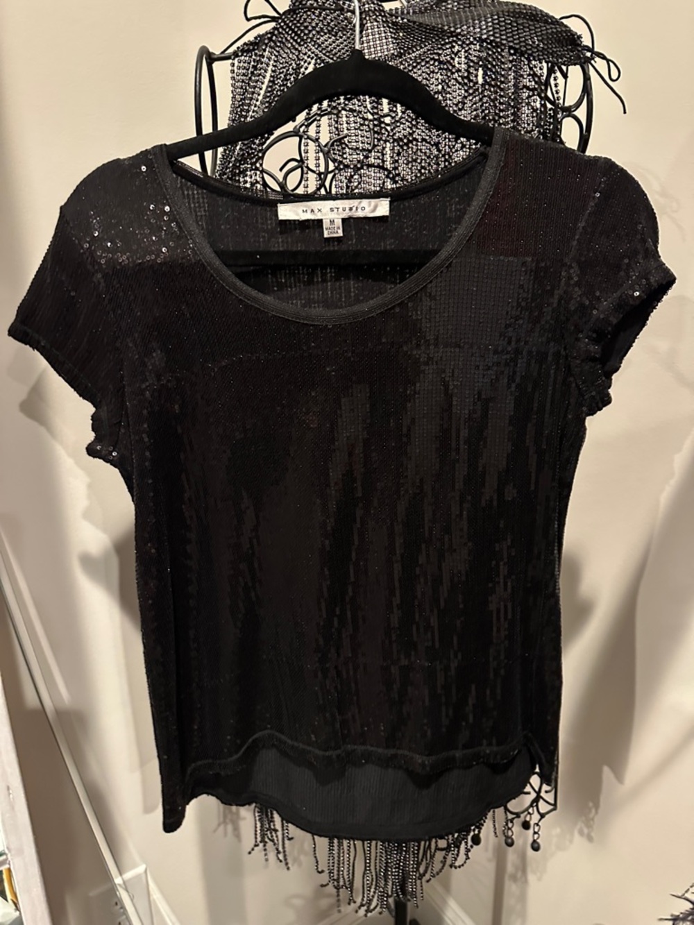 Max Studio Black Sequin Short Sleeve Tee with Fringe Hem